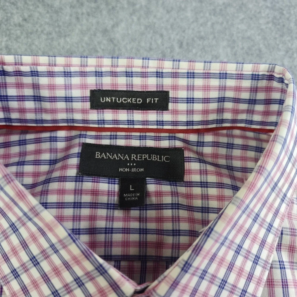 Banana Republic Shirt Mens Large Untucked Fit Non Iron Blue Pink Check Button